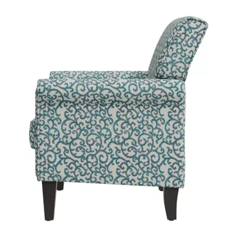 Jean Traditional Rolled Arm Accent Chair with Pewter Nailheads Curly Vine Pattern