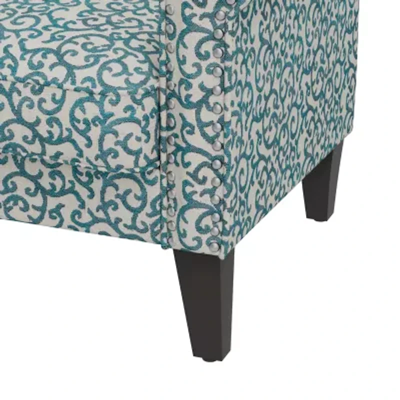 Jean Traditional Rolled Arm Accent Chair with Pewter Nailheads Curly Vine Pattern