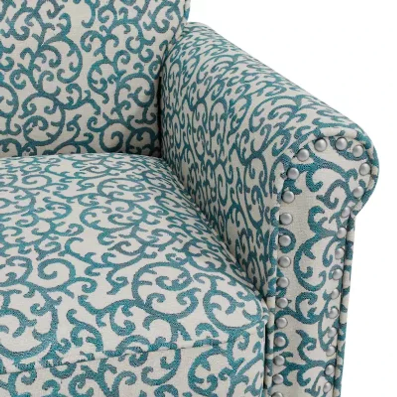 Jean Traditional Rolled Arm Accent Chair with Pewter Nailheads Curly Vine Pattern