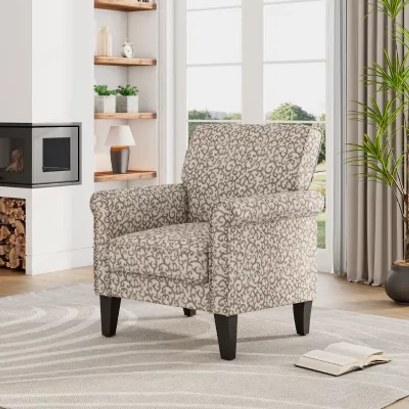 Jean Traditional Rolled Arm Accent Chair with Pewter Nailheads Curly Vine Pattern