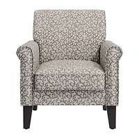 Jean Traditional Rolled Arm Accent Chair with Pewter Nailheads Curly Vine Pattern