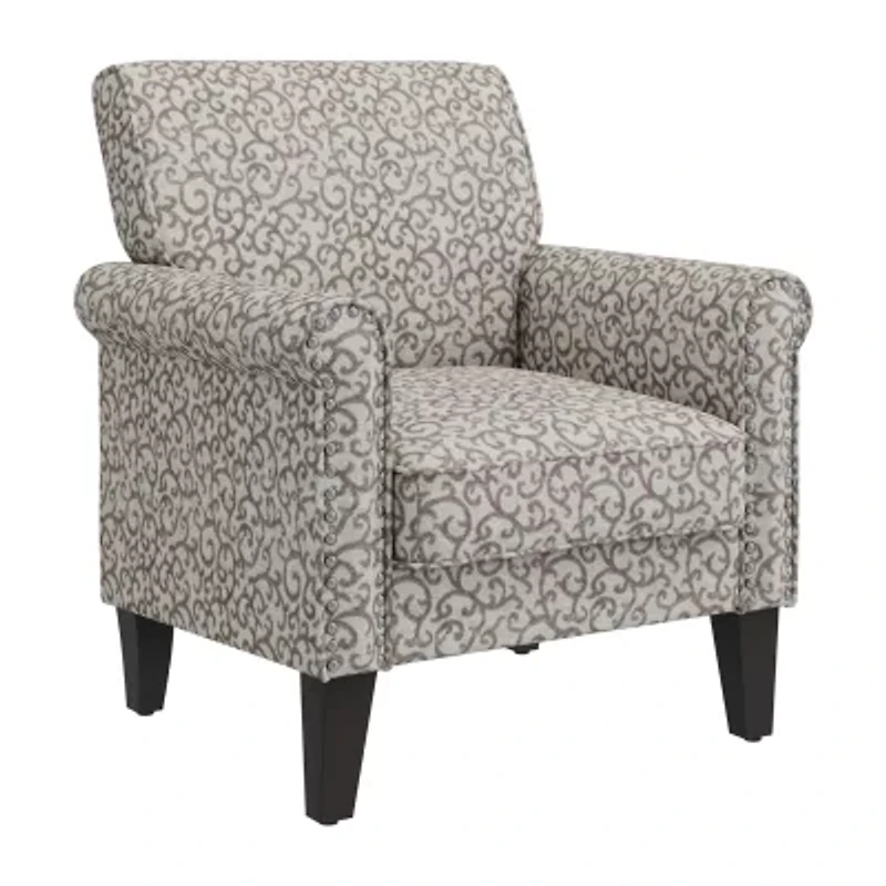 Jean Traditional Rolled Arm Accent Chair with Pewter Nailheads Curly Vine Pattern