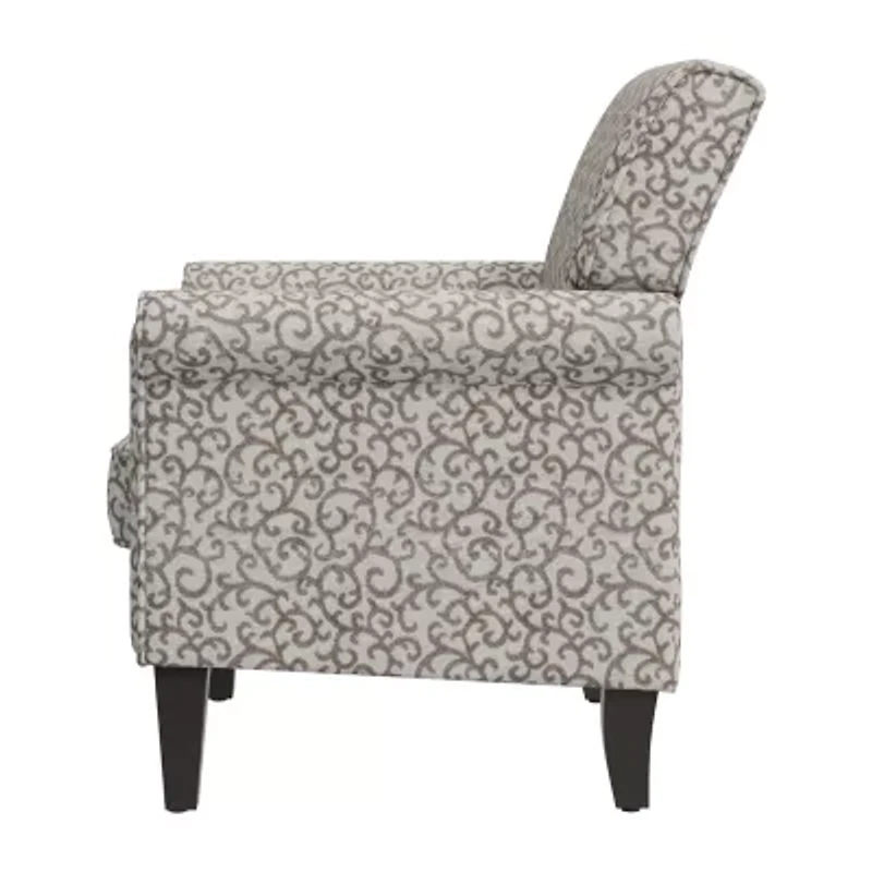 Jean Traditional Rolled Arm Accent Chair with Pewter Nailheads Curly Vine Pattern