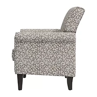 Jean Traditional Rolled Arm Accent Chair with Pewter Nailheads Curly Vine Pattern