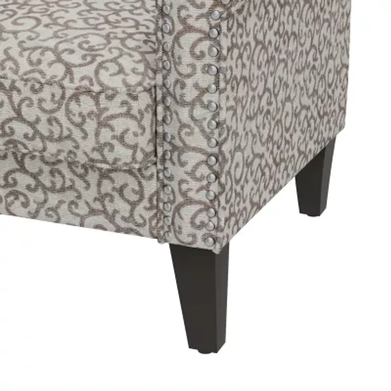 Jean Traditional Rolled Arm Accent Chair with Pewter Nailheads Curly Vine Pattern