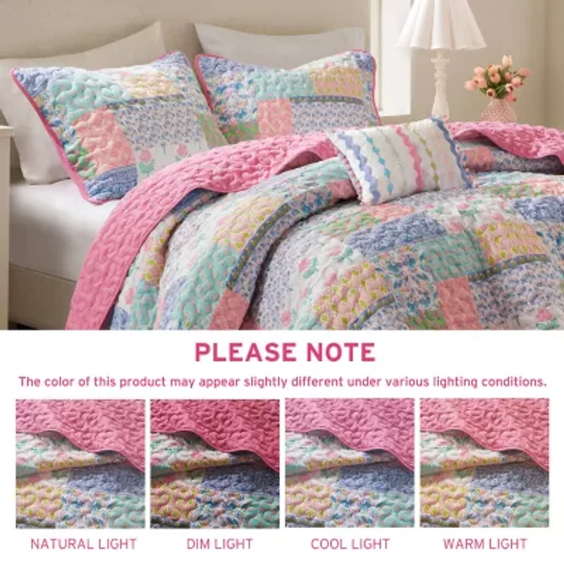 Intelligent Design Summer Patchwork Reversible Quilt Set with Decorative Pillow