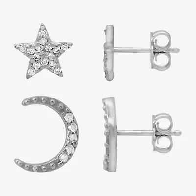 Itsy Bitsy Womens Cubic Zirconia Sterling Silver Moon Star Hypoallergenic 2 Pair Earring Set