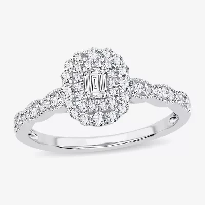 Womens 1/2 CT. T.W. Natural White Diamond 10K Gold Oval Side Stone Halo Engagement Ring
