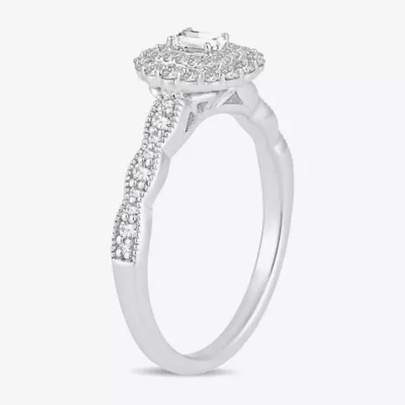 Womens 1/2 CT. T.W. Natural White Diamond 10K Gold Oval Side Stone Halo Engagement Ring