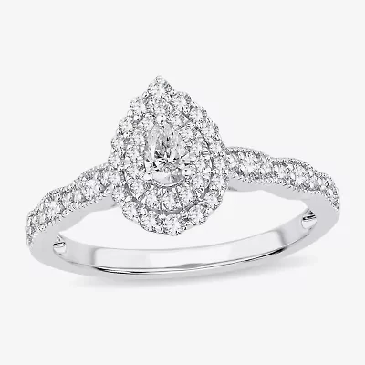 Womens 1/2 CT. T.W. Natural White Diamond 10K Gold Pear Side Stone Halo Engagement Ring