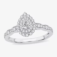 Womens 1/2 CT. T.W. Natural White Diamond 10K Gold Pear Side Stone Halo Engagement Ring