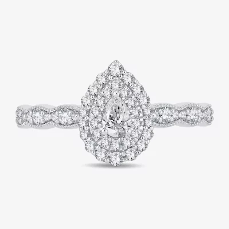 Womens 1/2 CT. T.W. Natural White Diamond 10K Gold Pear Side Stone Halo Engagement Ring
