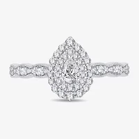 Womens 1/2 CT. T.W. Natural White Diamond 10K Gold Pear Side Stone Halo Engagement Ring