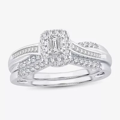 Womens 1/2 CT. T.W. Natural White Diamond 10K Gold Side Stone Halo Bridal Set
