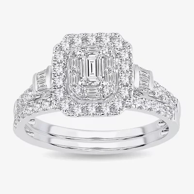 Womens 1 CT. T.W. Natural White Diamond 10K Gold Side Stone Halo Bridal Set
