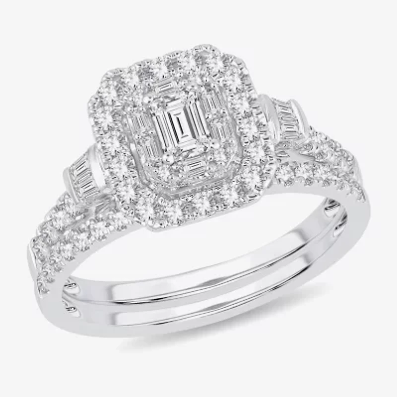 Womens 1 CT. T.W. Natural White Diamond 10K Gold Side Stone Halo Bridal Set
