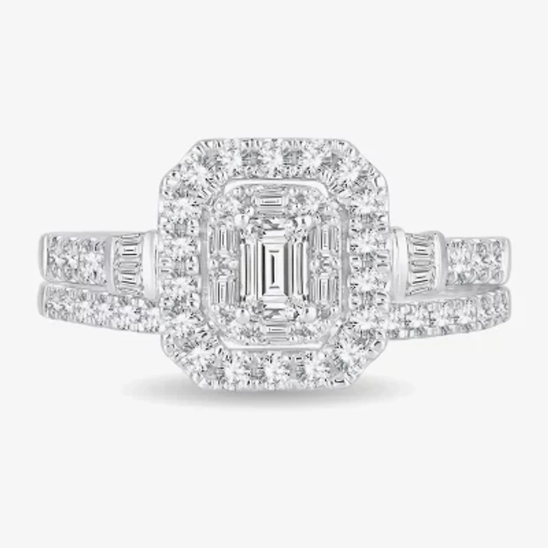 Womens 1 CT. T.W. Natural White Diamond 10K Gold Side Stone Halo Bridal Set