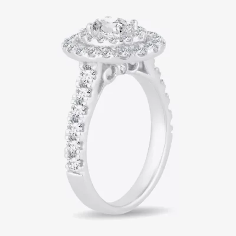 H-I / Si1-Si2) Womens 1 1/ CT. T.W. Lab Grown White Diamond 10K Gold Oval Side Stone Halo Engagement Ring