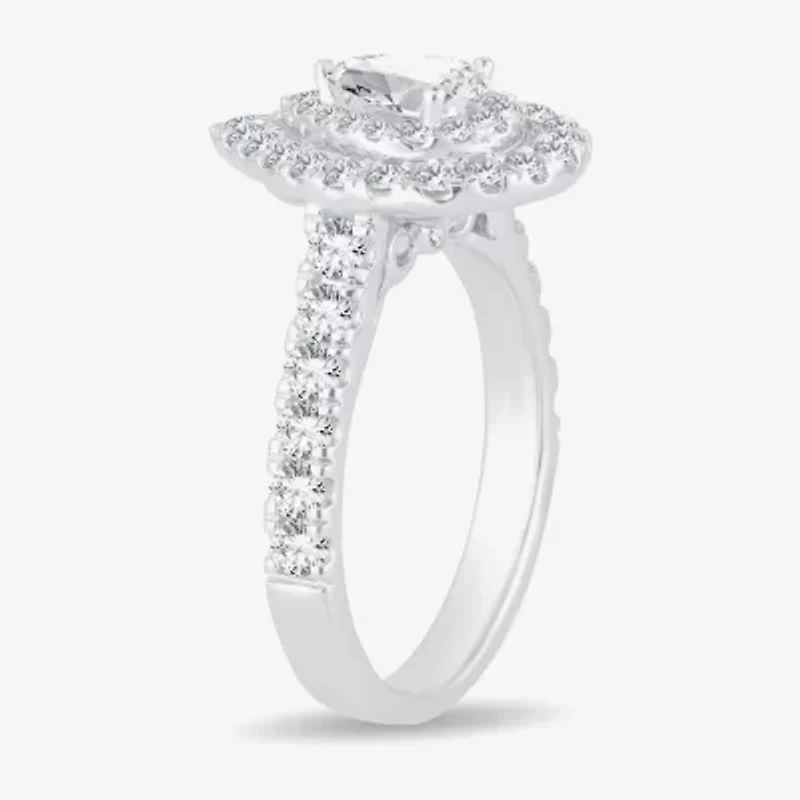 H-I / Si1-Si2) Womens 1 1/ CT. T.W. Lab Grown White Diamond 10K Gold Pear Side Stone Halo Engagement Ring