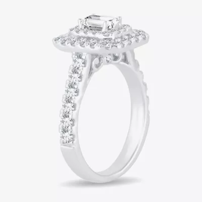 H-I / Si1-Si2) Womens 1 1/ CT. T.W. Lab Grown White Diamond 10K Gold Side Stone Halo Engagement Ring