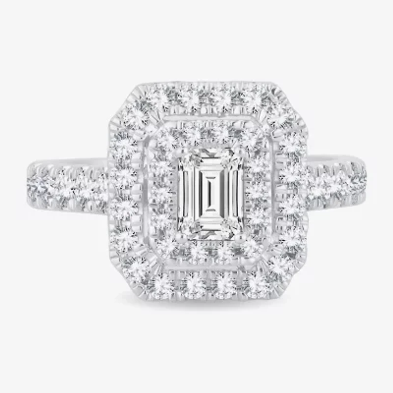 H-I / Si1-Si2) Womens 1 1/ CT. T.W. Lab Grown White Diamond 10K Gold Side Stone Halo Engagement Ring