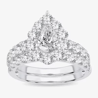 H-I / Si1-Si2) Womens CT. T.W. Lab Grown White Diamond 10K Gold Pear Side Stone Halo Bridal Set