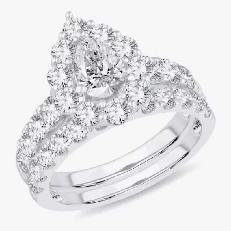 H-I / Si1-Si2) Womens CT. T.W. Lab Grown White Diamond 10K Gold Pear Side Stone Halo Bridal Set