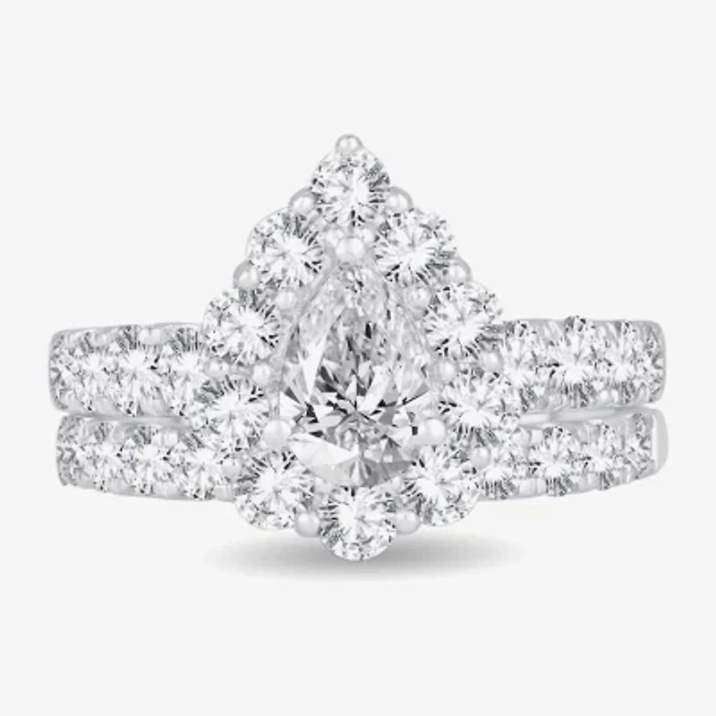 H-I / Si1-Si2) Womens CT. T.W. Lab Grown White Diamond 10K Gold Pear Side Stone Halo Bridal Set