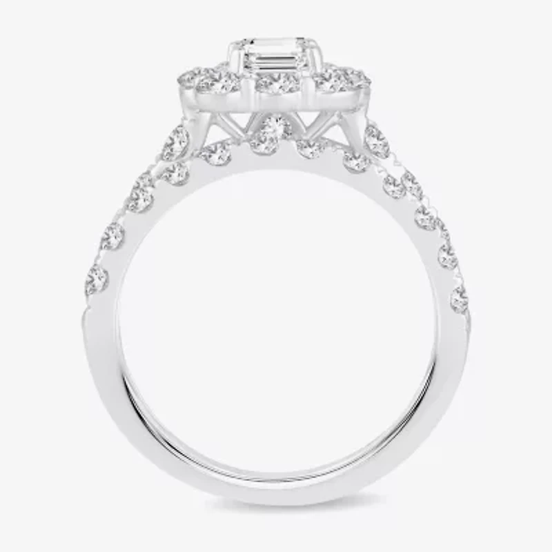 H-I / Si1-Si2) Womens / CT. T.W. Lab Grown White Diamond 10K Gold Cushion Side Stone Halo Bridal Set