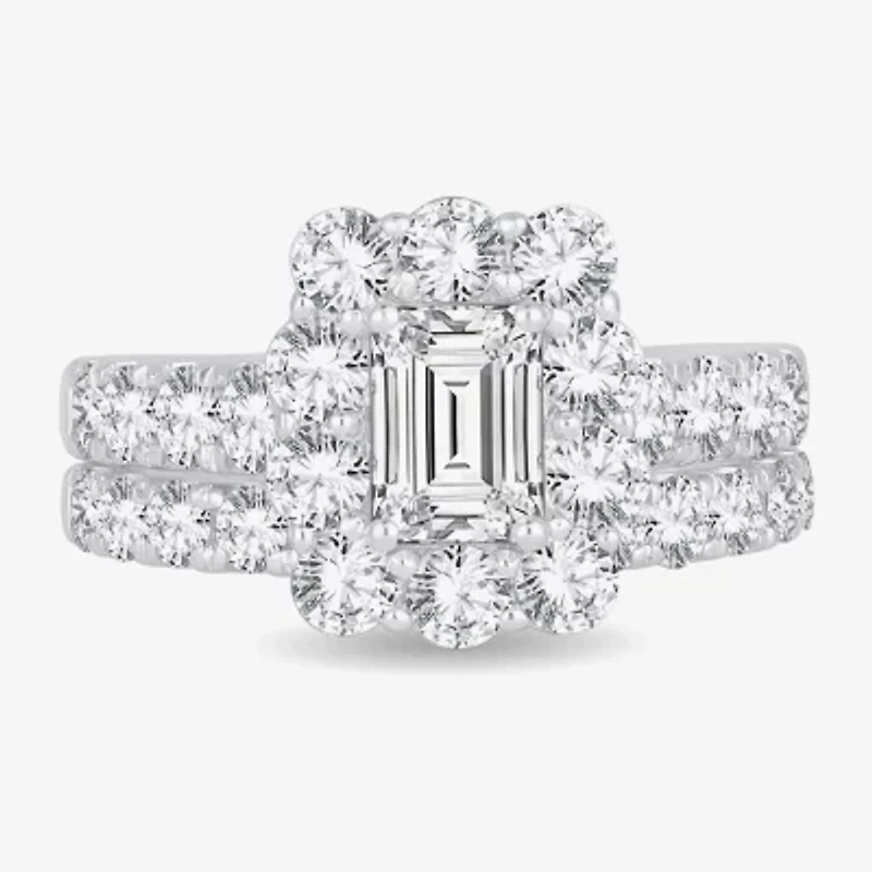 H-I / Si1-Si2) Womens / CT. T.W. Lab Grown White Diamond 10K Gold Cushion Side Stone Halo Bridal Set
