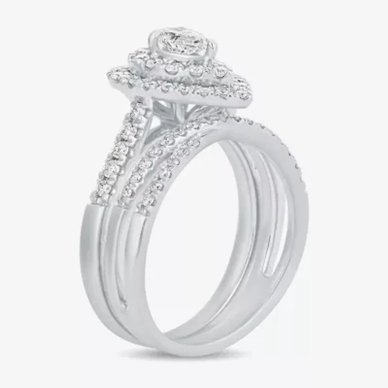 H-I / Si1-Si2) Womens / CT. T.W. Lab Grown White Diamond 10K Gold Pear Side Stone Halo Bridal Set