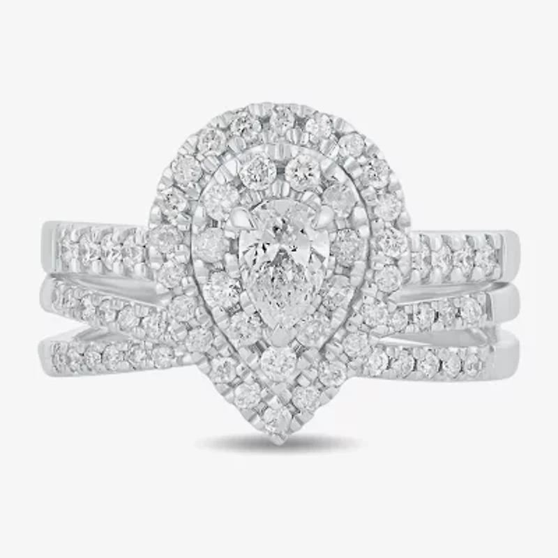 H-I / Si1-Si2) Womens / CT. T.W. Lab Grown White Diamond 10K Gold Pear Side Stone Halo Bridal Set