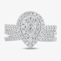 H-I / Si1-Si2) Womens / CT. T.W. Lab Grown White Diamond 10K Gold Pear Side Stone Halo Bridal Set