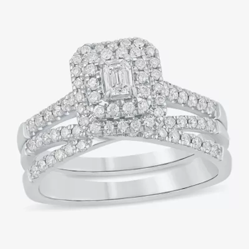 H-I / Si1-Si2) Womens CT. T.W. Lab Grown White Diamond 10K Gold Side Stone Halo Bridal Set