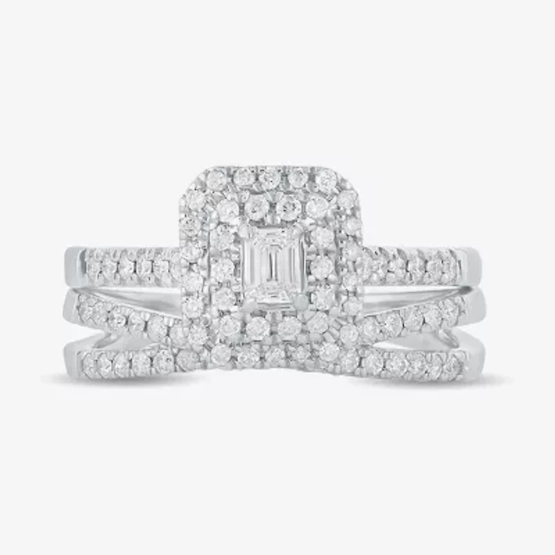 H-I / Si1-Si2) Womens CT. T.W. Lab Grown White Diamond 10K Gold Side Stone Halo Bridal Set