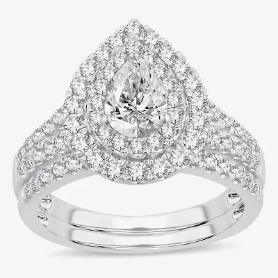 H-I / Si1-Si2) Womens CT. T.W. Lab Grown White Diamond 10K Gold Pear Side Stone Halo Bridal Set