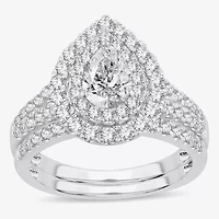 H-I / Si1-Si2) Womens CT. T.W. Lab Grown White Diamond 10K Gold Pear Side Stone Halo Bridal Set