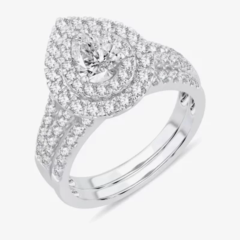 H-I / Si1-Si2) Womens CT. T.W. Lab Grown White Diamond 10K Gold Pear Side Stone Halo Bridal Set