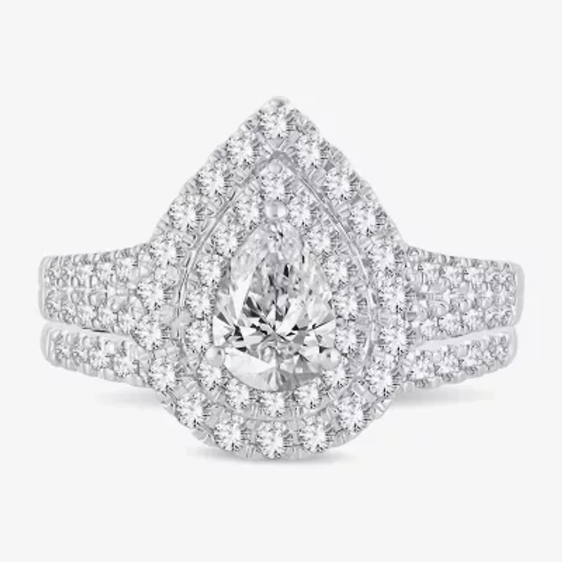 H-I / Si1-Si2) Womens CT. T.W. Lab Grown White Diamond 10K Gold Pear Side Stone Halo Bridal Set