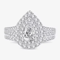 H-I / Si1-Si2) Womens CT. T.W. Lab Grown White Diamond 10K Gold Pear Side Stone Halo Bridal Set