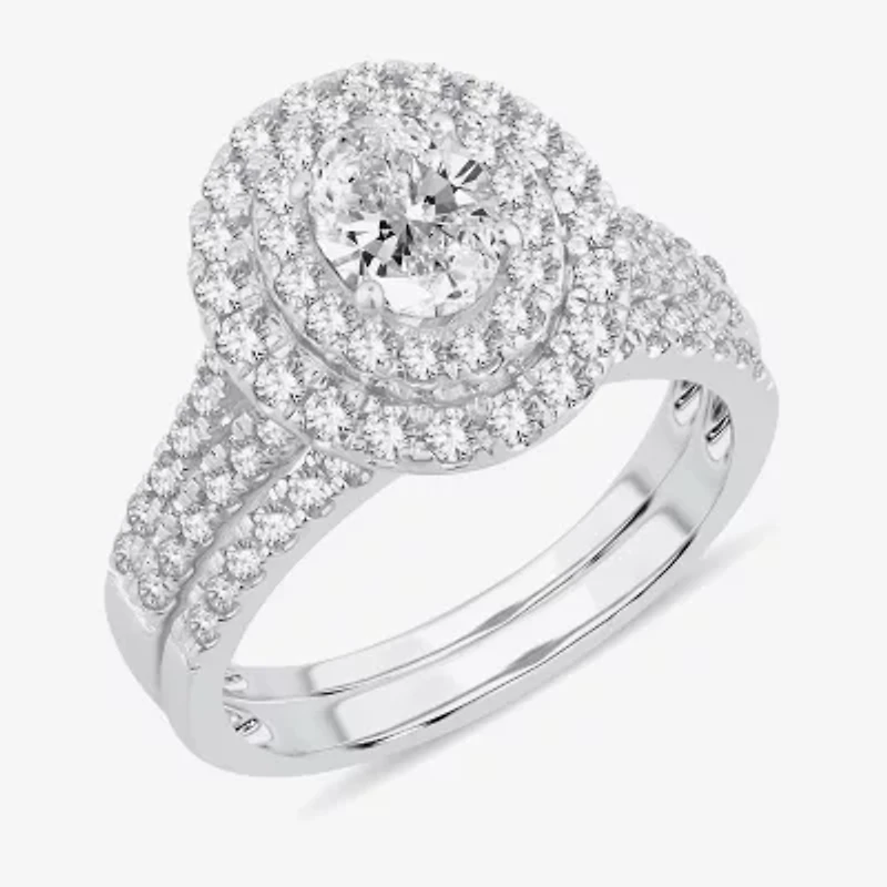 H-I / Si1-Si2) Womens CT. T.W. Lab Grown White Diamond 10K Gold Oval Side Stone Halo Bridal Set