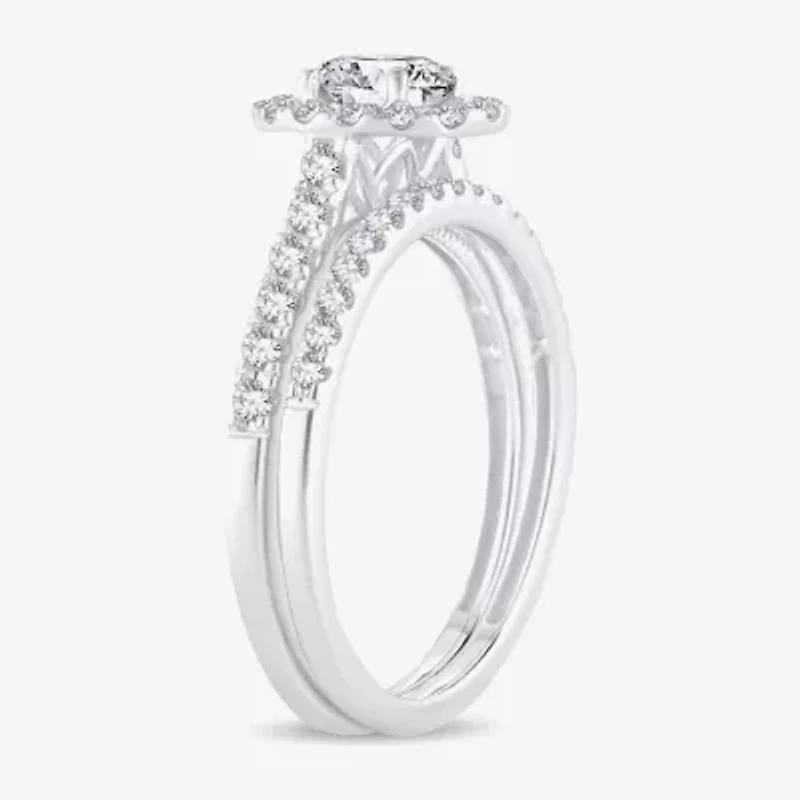 H-I / Si1-Si2) Womens CT. T.W. Lab Grown White Diamond 10K Gold Oval Side Stone Halo Bridal Set