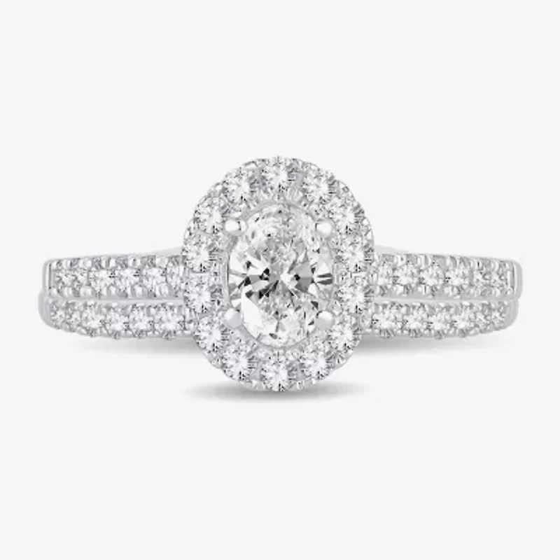 H-I / Si1-Si2) Womens CT. T.W. Lab Grown White Diamond 10K Gold Oval Side Stone Halo Bridal Set