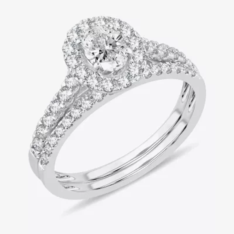 H-I / Si1-Si2) Womens CT. T.W. Lab Grown White Diamond 10K Gold Oval Side Stone Halo Bridal Set