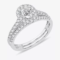 H-I / Si1-Si2) Womens CT. T.W. Lab Grown White Diamond 10K Gold Oval Side Stone Halo Bridal Set