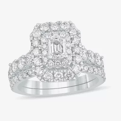 (H-I / Si1-Si2) Womens 2 CT. T.W. Lab Grown White Diamond 10K Gold Side Stone Halo Bridal Set