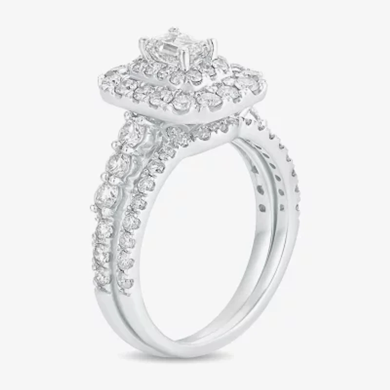 (H-I / Si1-Si2) Womens 2 CT. T.W. Lab Grown White Diamond 10K Gold Side Stone Halo Bridal Set