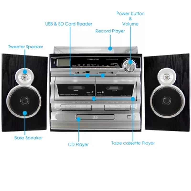Trexonic 3-Speed Turntable With CD Player, Double Cassette Player, Bluetooth, FM Radio & USB/SD Recording