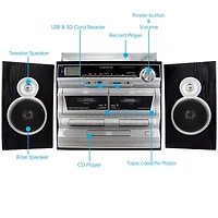 Trexonic 3-Speed Turntable With CD Player, Double Cassette Player, Bluetooth, FM Radio & USB/SD Recording