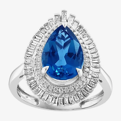 Effy Final Call Womens Genuine Blue Topaz & 1/2 CT. T.W. Diamond 14K White Gold Pear Halo Cocktail Ring